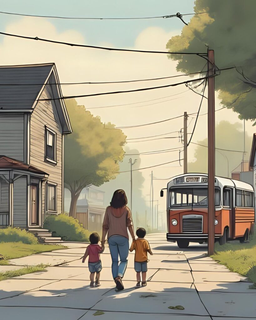 mom and kids at bus stop