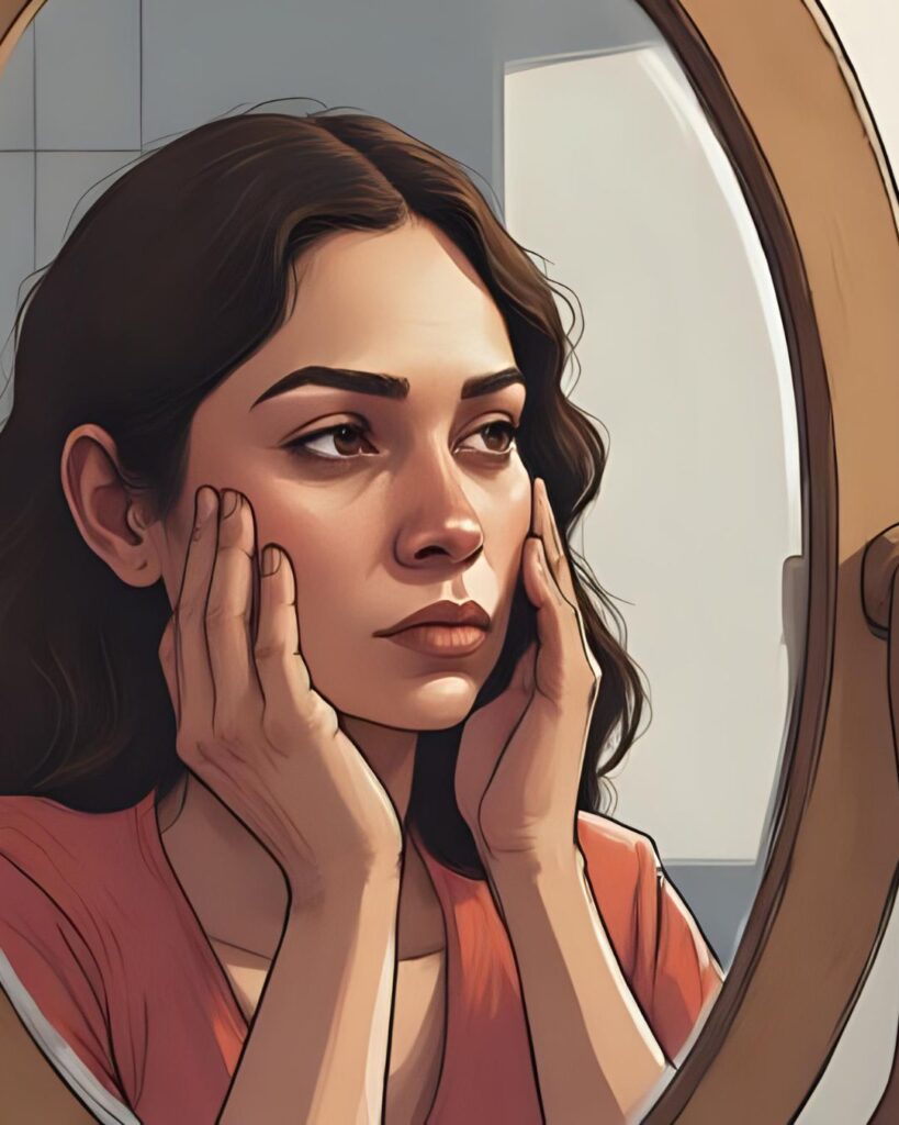 woman frowning while looking in mirror