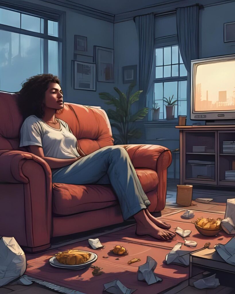 woman sitting on sofa and watching tv