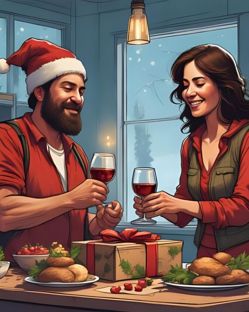 Husband and wife enjoying wine and wrapping gifts