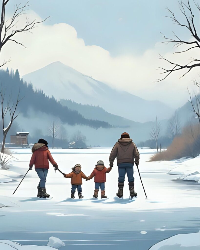 Family skating on frozen pond