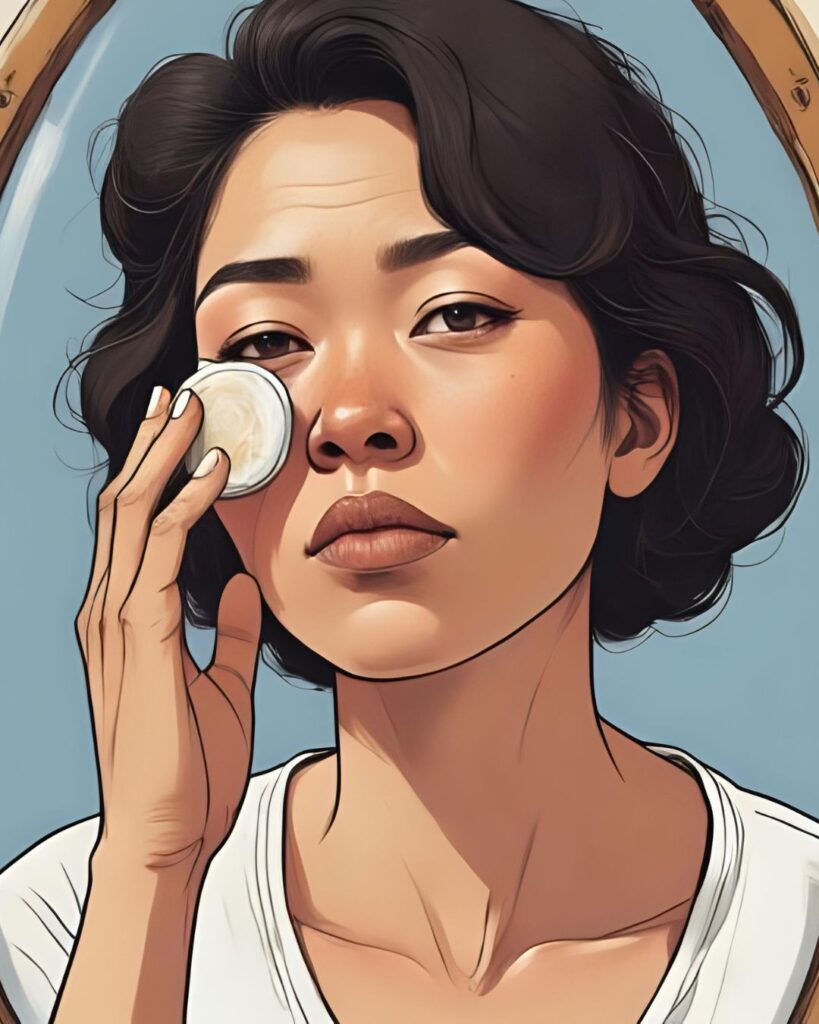 woman looking for wrinkles in mirror