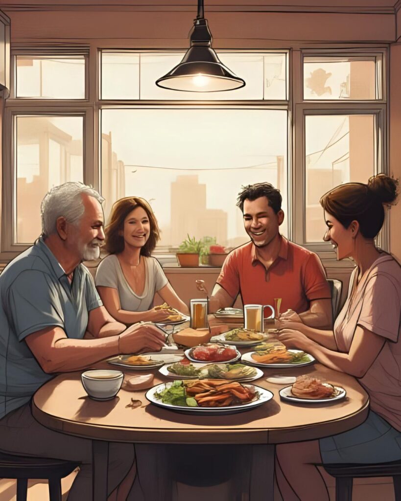 Blended family sits at dinner table.