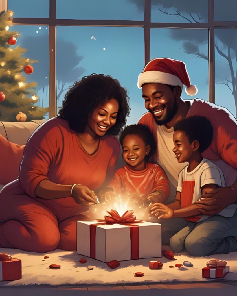Family opening gifts on Christmas