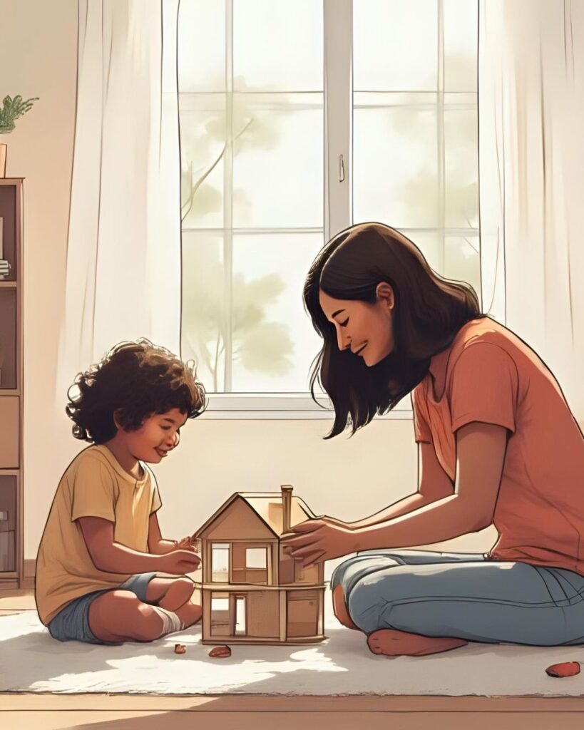 mom and child playing with dollhouse