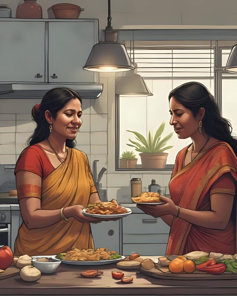 mom and daughter eat in kitchen