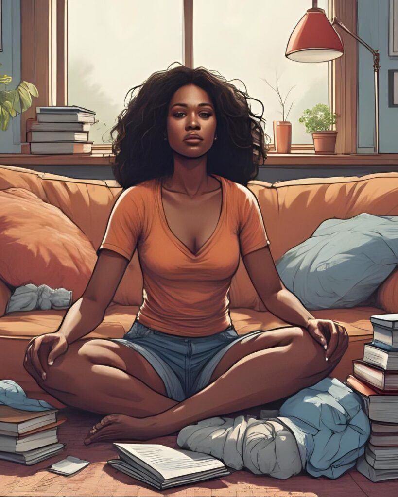 women with lots of books and laundry