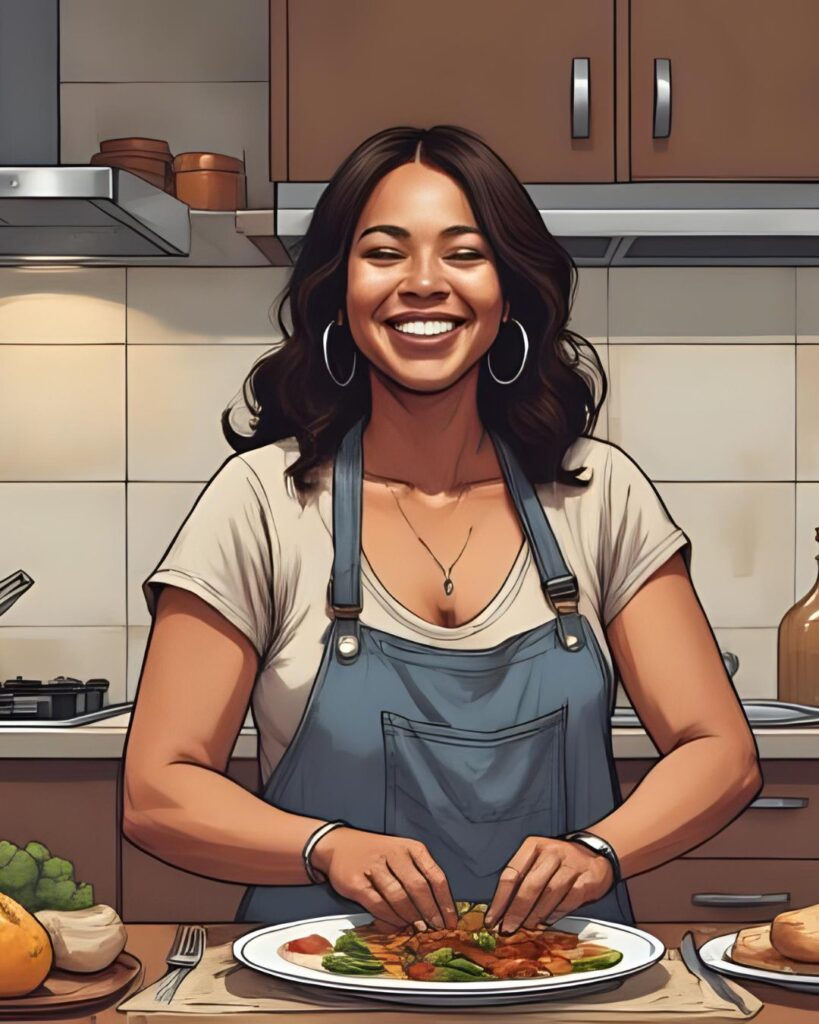woman happy cooking in her kitchen