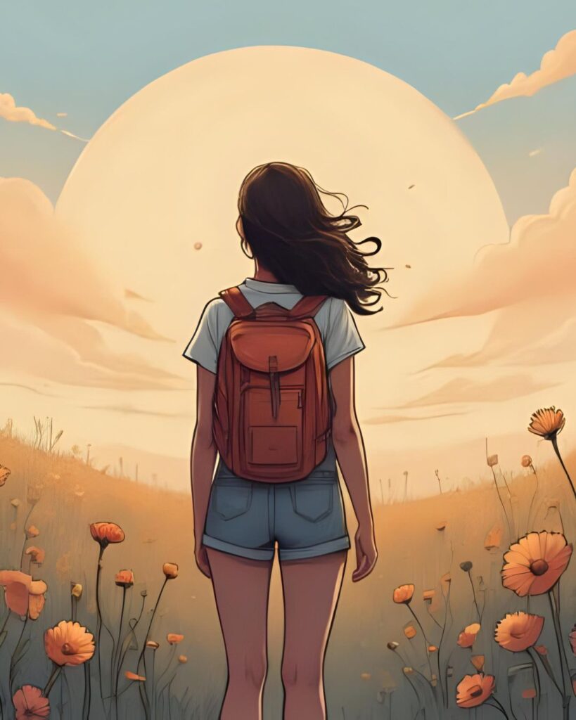 woman with backpack looking at sunrise
