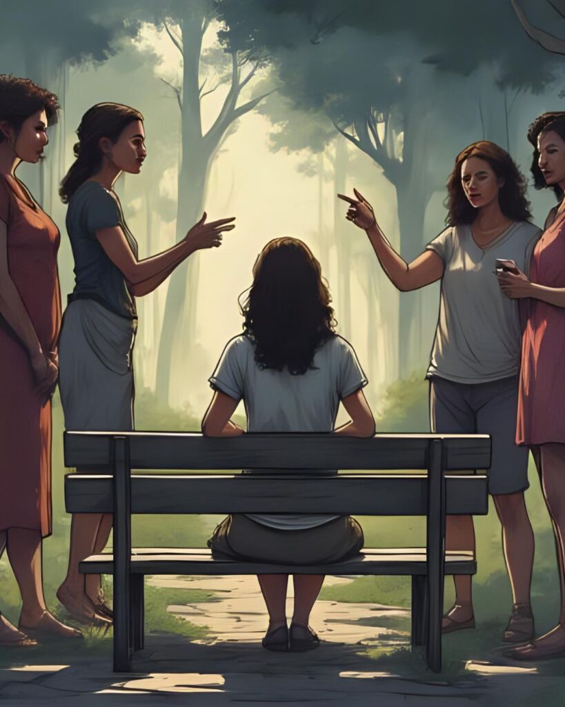 woman surrounded by voices of her critics
