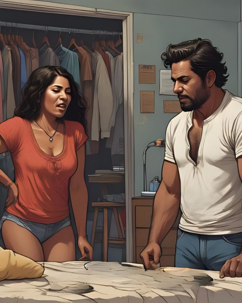 woman and man arguing in bedroom